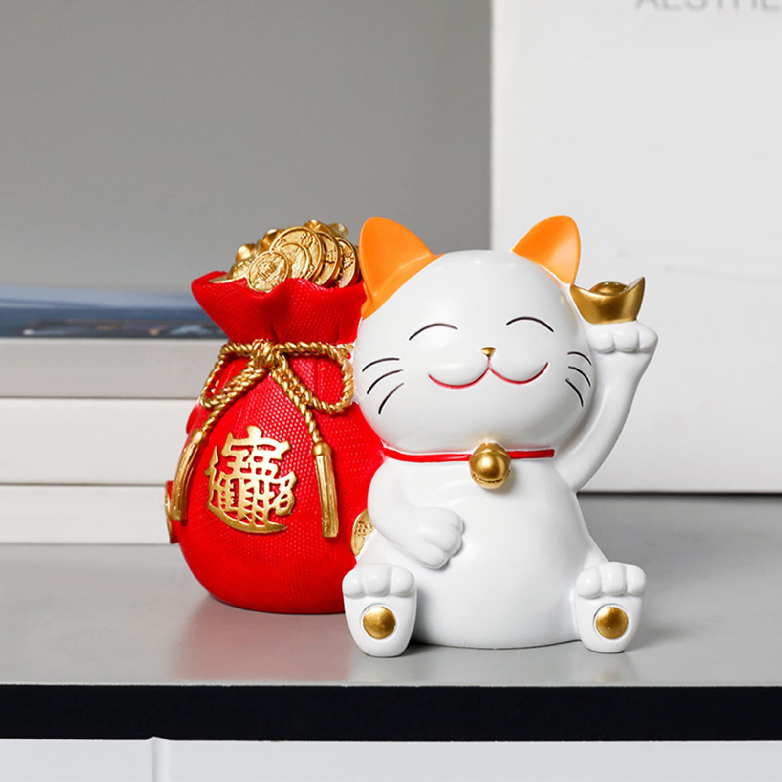 Animal Piggy Bank Lucky Cat Statue Small Money Bank for Children Adults Gift Red Bag