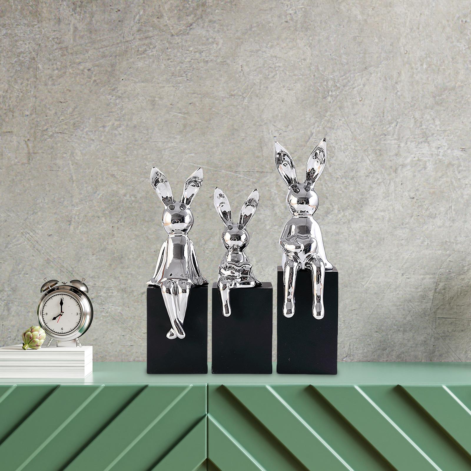 3Pcs Rabbit Family Statues Figurines Animal Figures Bedroom Bunny Sculptures Argent 