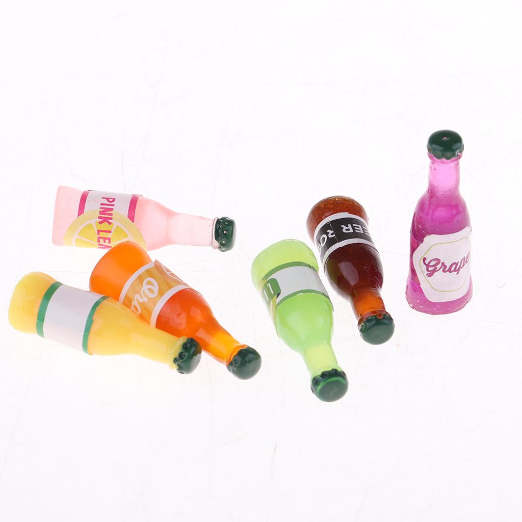 6Pieces Kitchen Bar Decoration Drink Wine Juice Champagne Beer Bottles for 1:12 Scale Dollhouse Miniature