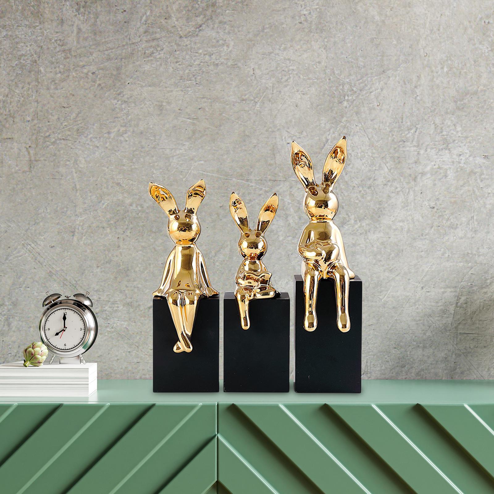 3Pcs Rabbit Family Statues Figurines Animal Figures Bedroom Bunny Sculptures Aureate