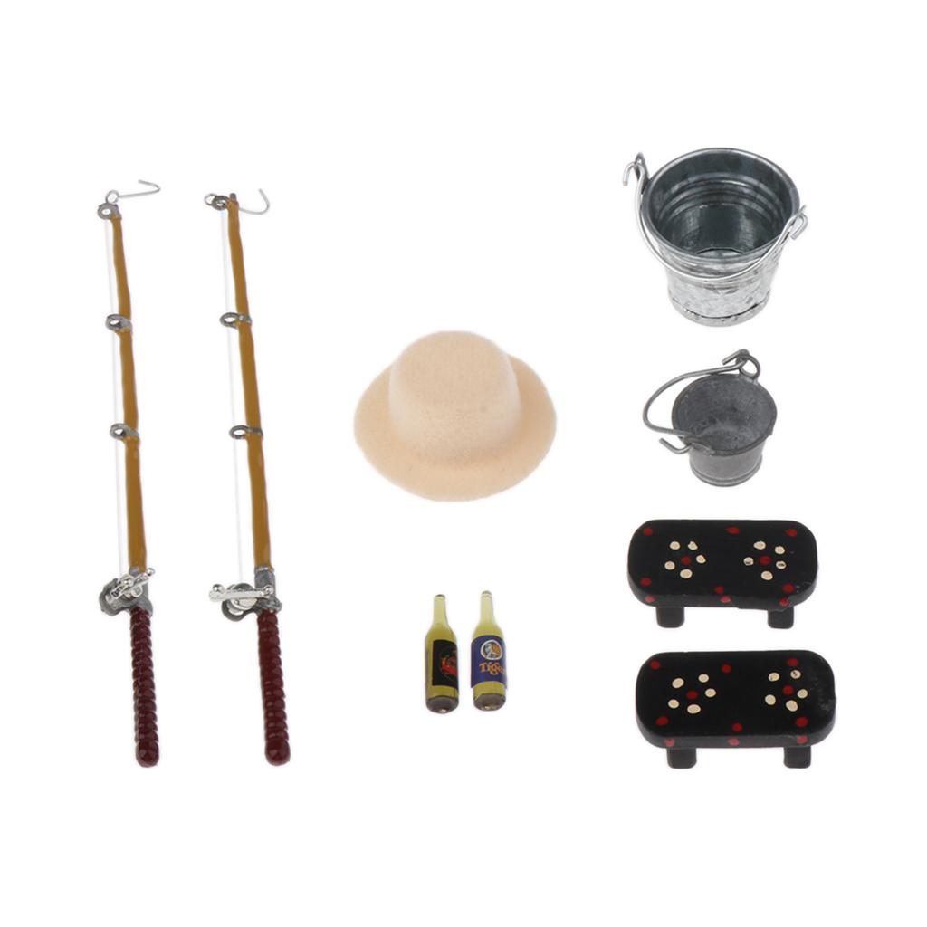 9pcs Mini Fishing Tool Set 1/12 Dollhouse Miniature