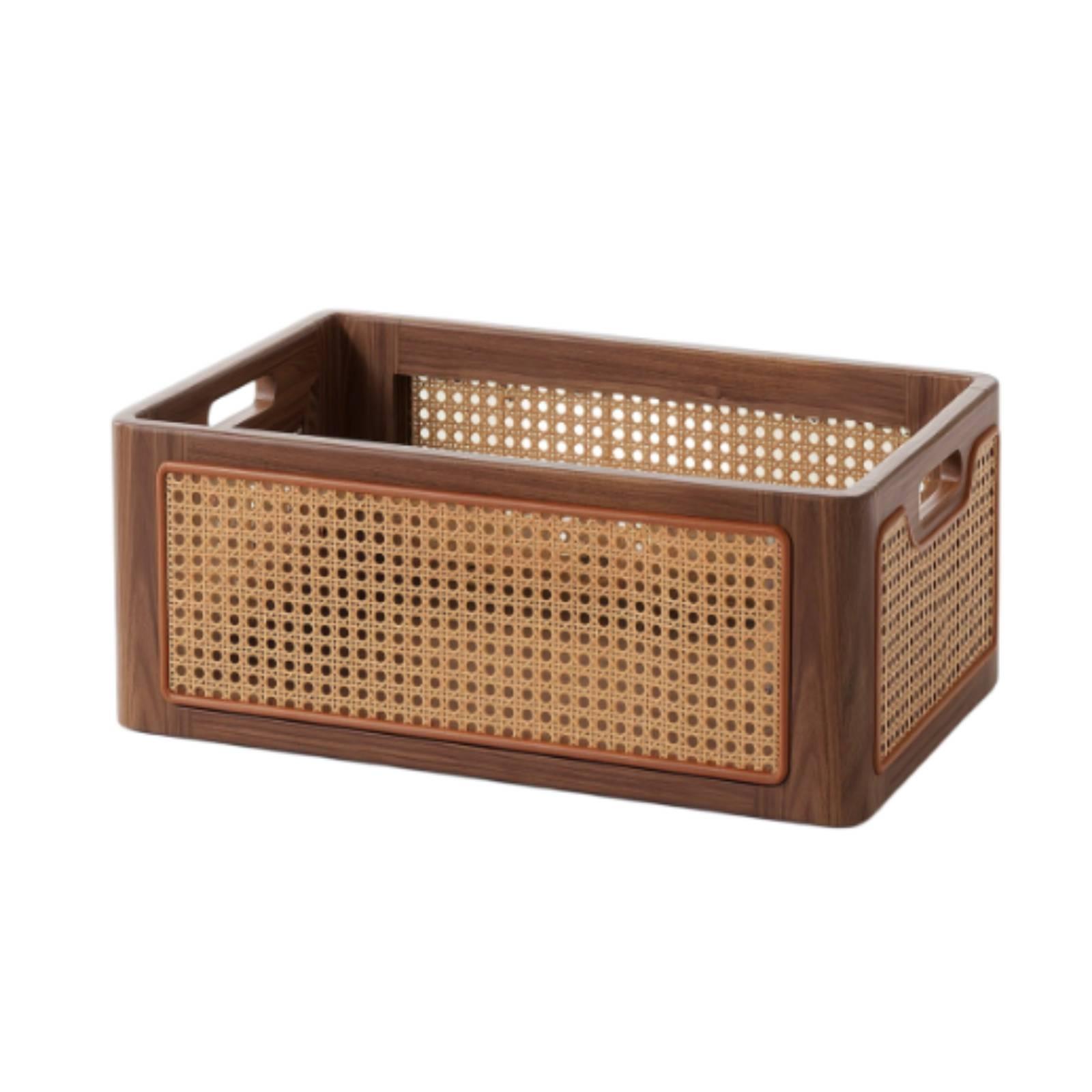 Wood Basket with Rattan Panels Decorative Wooden Storage Bin with Handles Versatile Wood Storage Basket for Organizers, Home Office, Entryway, Shelf